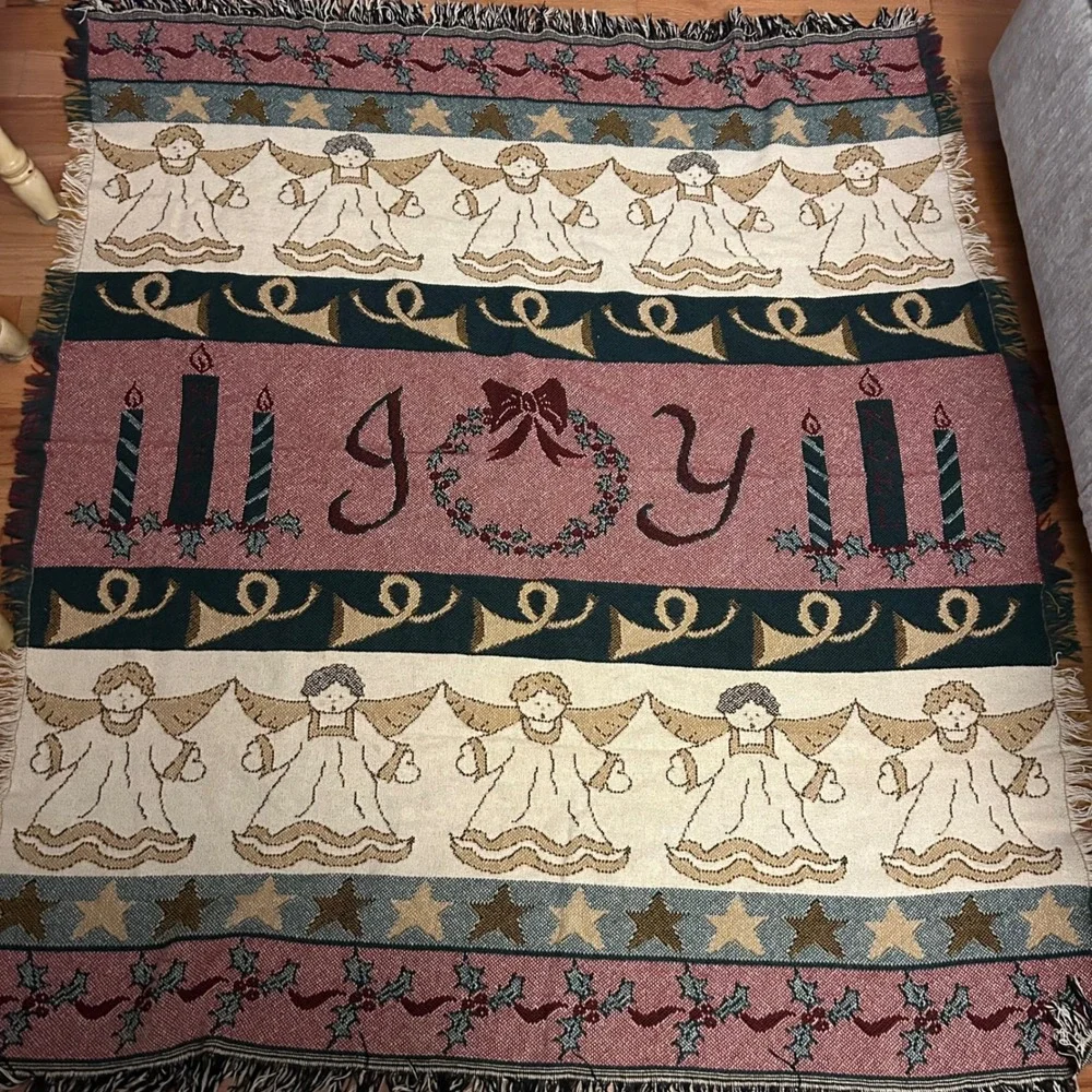 Vintage Christmas Throw Blanket Angels Joy Candles Holly Star Holiday Decor52x62
